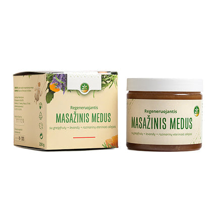 Medus masažui su greipfrutų, levandų ir rozmarinų et. aliejais 250 g.